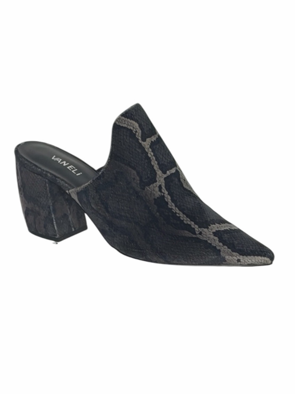 Vaneli Black and Gray Snake-Print Pointed Block Heel Mule